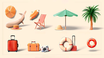 illustration of Summer Holiday Setup with Beach Slide, Lounge Chair, and Travel Accessories on Beige Background