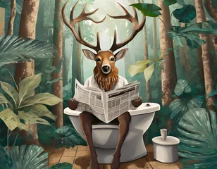 Poster anthropomorphic  Deer in suit reading a newspaper sitting in the toilet in jungle, 3d cartoon illustration © Arda ALTAY