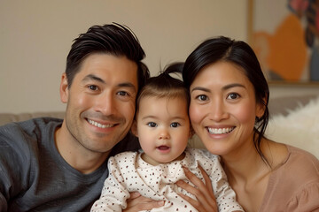 Affectionate Asian Family with Baby Girl Enjoying a Loving Moment sitting and smiling at camera at home