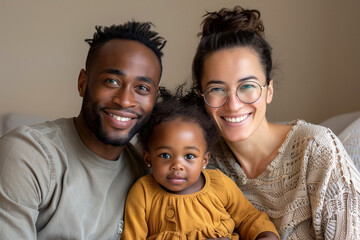 Fototapeta premium Joyful Multiethnic Family Posing Together with Their Young Child at Home smiling at camera