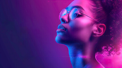 close up of Young Woman with Glasses in Neon Purple Light with copy space