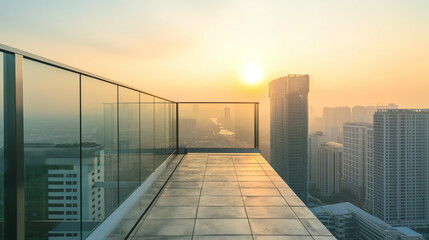 Empty balcony with glass parapet over modern cityscape and sunrise above buildings. - obrazy, fototapety, plakaty