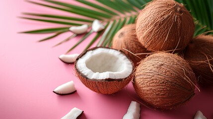 Fototapeta na wymiar Coconuts on pink background, top view. Exotic fruit