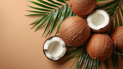 Fototapeta na wymiar Coconuts on beige background, top view. Exotic fruit