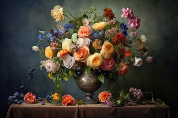 Flower Still Life Bouquet in Vintage Vase, Ancient Dutch Masters Imitation, Abstract Generative AI Illustration - obrazy, fototapety, plakaty