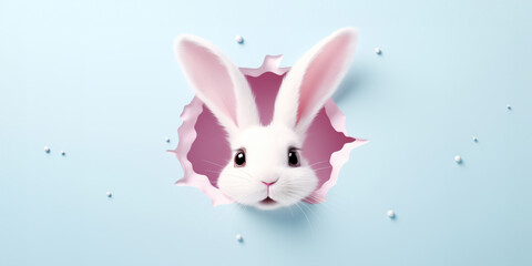 A white rabbit sticks his head and ears out of a hole. Easter cute bunny on a pastel blue color background. Seasonal spring and easter greeting card and background.