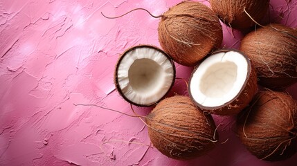 Coconuts on pink background, top view. Exotic fruit