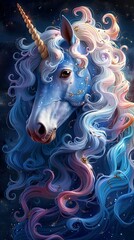A very beautiful unicorn with a long curly violet-pink and blue mane on a black background. Fantasy illustration