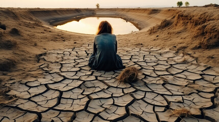 Girl sits on cracked ground near a dry river. Drought concept. Water crisis and arid environment. Generative AI