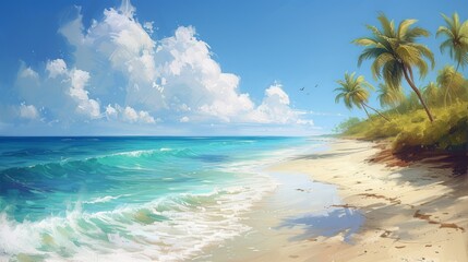 Beautiful beach and tropical sea. Seascape.Beautiful sandy beach with clear turquoise ocean and palm trees. .Photorealistic illustrartion