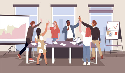 Business team give five. People beat hands, successful startup, justified expectation, joy gesture, cheerful colleagues, office background. Cartoon flat style isolated tidy vector concept - obrazy, fototapety, plakaty