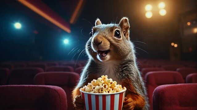 funny squirrel in the cinema with popcorn