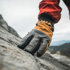 Close-up of mountaineer's hands gripping precipitous rock colorful climbing gloves intense focus for alpinism - obrazy, fototapety, plakaty