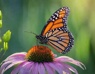 Fototapeta na wymiar monarch butterfly at night on coneflower, in the style of feminine empowerment, harmonious balance, polished metamorphosis 