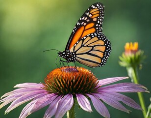 Obraz premium monarch butterfly at night on coneflower, in the style of feminine empowerment, harmonious balance, polished metamorphosis 