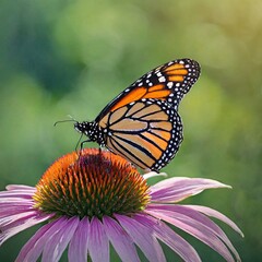 Fototapeta premium monarch butterfly at night on coneflower, in the style of feminine empowerment, harmonious balance, polished metamorphosis 