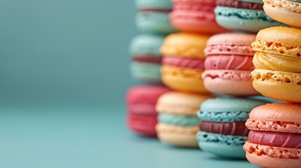 Colorful macarons arranged in an artistic pattern display vibrant beauty. Concept Food Photography, Vibrant Colors, Artistic Arrangement, Dessert Presentation