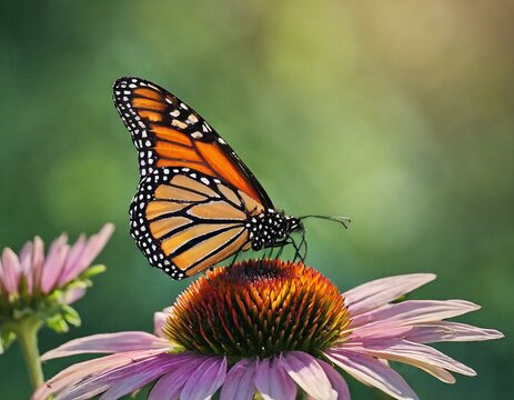 monarch butterfly at night on coneflower, in the style of feminine empowerment, harmonious balance, polished metamorphosis 