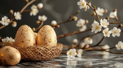 Fototapeta premium Easter background. Beautiful composition of colorful eggs and spring flowers on a delicate background. Spring holidays concept with copy space.