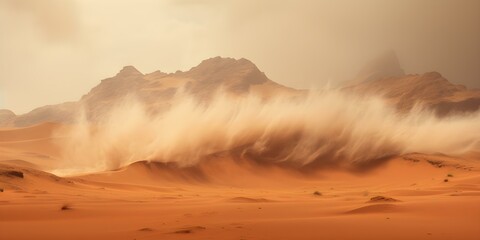 A sandstorm sweeping across desert mountains creating an opaque landscape. Concept Sandstorm, Desert Mountains, Opaque Landscape, Nature's Fury, Climate Phenomenon - obrazy, fototapety, plakaty