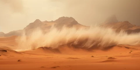Poster A sandstorm sweeping across desert mountains creating an opaque landscape. Concept Sandstorm, Desert Mountains, Opaque Landscape, Nature's Fury, Climate Phenomenon © Ян Заболотний