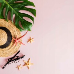 Creative flat lay photo of travel vacation spring or summer tropical fashion - obrazy, fototapety, plakaty