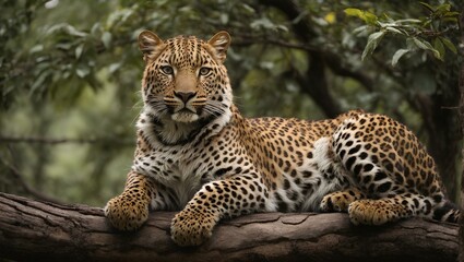 Picture of a beautiful leopard sitting on a tree branch