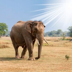 Elephant india standing on a sunny blurry background panormaic