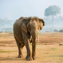 Fototapeta na wymiar Elephant india standing on a sunny blurry background panormaic