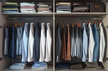 Neatly organized closet with a variety of men's clothing and accessories