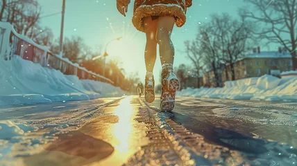Keuken spatwand met foto Person jogging on a snowy path during a bright winter morning © GreenMOM