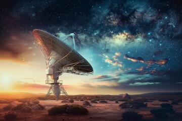 Massive radio telescope against the backdrop of a starry sky at twilight - obrazy, fototapety, plakaty