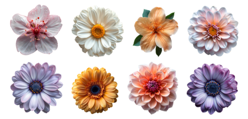 set of flowers PNG. Flower set top view PNG. Different flowers isolated. Spring time bloom flowers flat lay PNG