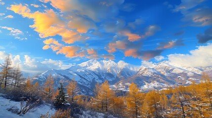Fototapeta na wymiar Golden sunset over snow-capped mountains with autumn trees. 