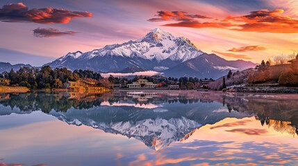 Snow-capped mountain reflecting on a calm lake at sunset with vibrant skies.