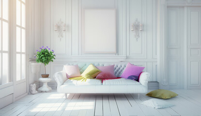 A bright and airy living room with a white sofa adorned with colorful pillows.