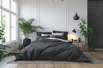 A contemporary bedroom featuring a large bed with gray bedding, vibrant green indoor plants, and ample natural lighting.
