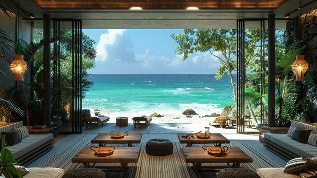 a modern style room, with tables by a very chill beach
