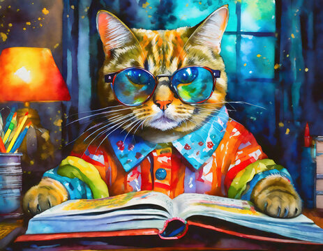 a cat wearing a colorful shirt and glasses, reading a book in a cozzy room at night