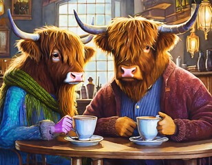 Two bulls wearing causal clothes drinking coffee in a cozy cafe. Illustration in oil painting style.