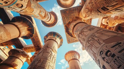 Low angle of old carved ornamental columns and ceiling inside of great hypostyle hall of ancient karnak temple complex in egypt