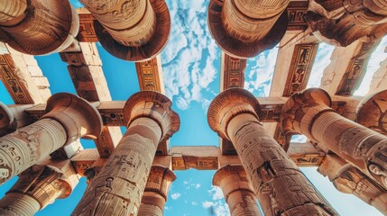 Low angle of old carved ornamental columns and ceiling inside of great hypostyle hall of ancient karnak temple complex in egypt - obrazy, fototapety, plakaty