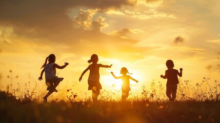 Fototapeta na wymiar Silhouette, group of happy children playing on meadow, sunset, summertime