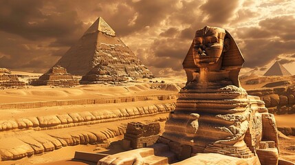 Sphinx and pyramids in the egyptian desert - obrazy, fototapety, plakaty