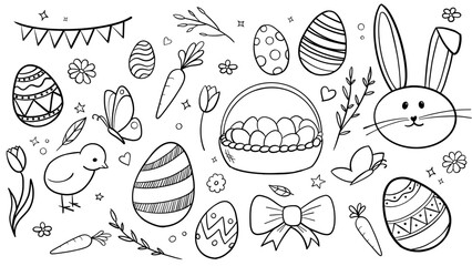 Cute set of vector hand drawn easter elements. Easter eggs, carrots, rabbits, chicks, flowers, bows and other spring items.