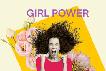 Collage picture of cheerful crazy girl shouting screaming girl power promo message isolated on drawing floral background