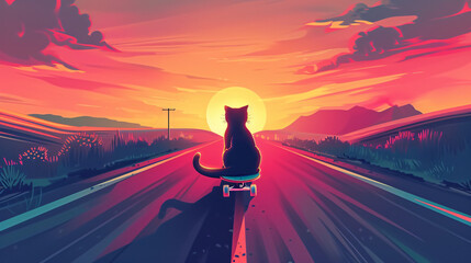 Skateboarder cat rides a skateboard in summer  - obrazy, fototapety, plakaty