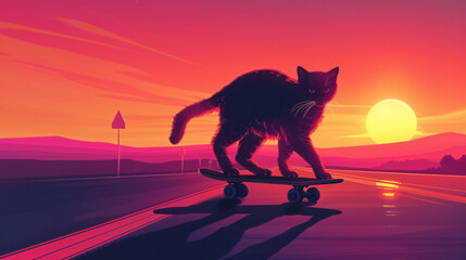 Skateboarder cat rides a skateboard in summer 