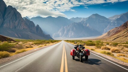 image generated by artificial intelligence of a man riding a motorcycle on the roads between wonderful mountains - obrazy, fototapety, plakaty