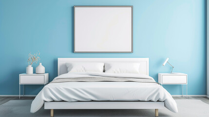 Fototapeta na wymiar Minimalist white bed, modern nightstands, empty painting on pastel blue wall, side angle.